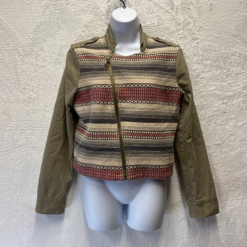 American Eagle Southwestern Moto Jacket Short‎ Women Medium Green Slanted Zipper